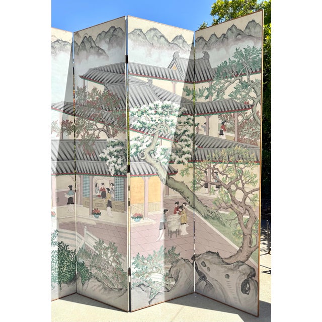 Grand-Scale Chinese Hand-Painted 6 Panel Folding Screen Room of Waterfront Village For Sale - Image 4 of 11