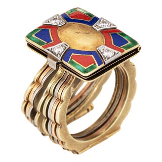 Antique Convertible Ring to Bracelet Folding Book 14k Gold Enamel Diamond 6.75" For Sale