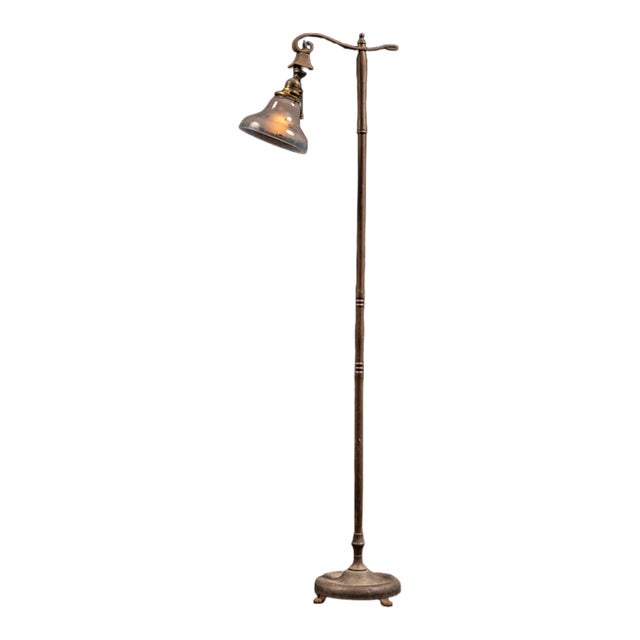 Early 20th Century Art Nouveau Ball Joint Bridge Arm Lamp With Blue Floral Lamp For Sale