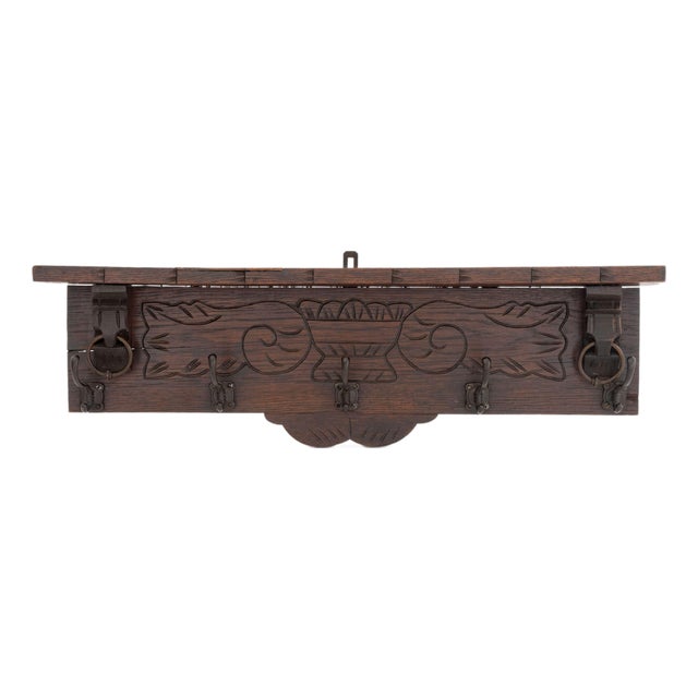 Arts and Crafts Oak Wall-Hanging Coat Rack For Sale