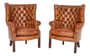 Antique Leather Barrel Back Wing Armchairs, 1920s, Set of 2