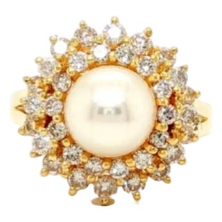 Mid 20th Century Diamonds & Pearl 18k Yellow Gold Cocktail Ring Size 6.5 For Sale