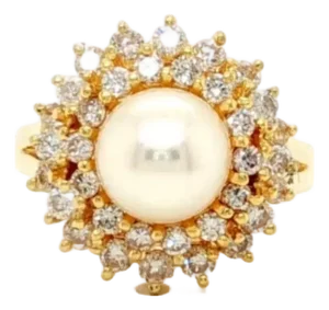 Mid 20th Century Diamonds & Pearl 18k Yellow Gold Cocktail Ring Size 6.5
