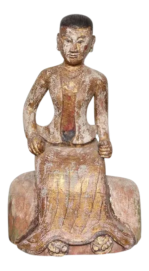 Burmese, 19th Century Teak Wood Statuette of a Woman in Traditional Costume