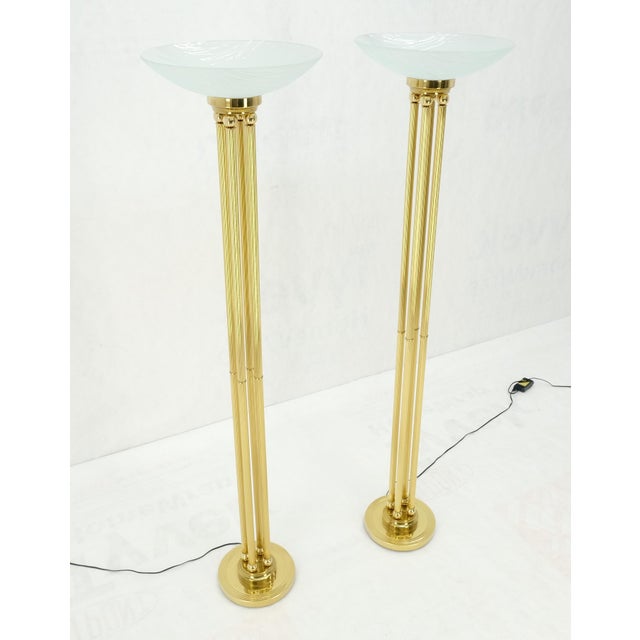 Pair of Mid Century Modern Brass Etched Glass Shades Torcheres Floor Lamps MINT! For Sale - Image 6 of 13