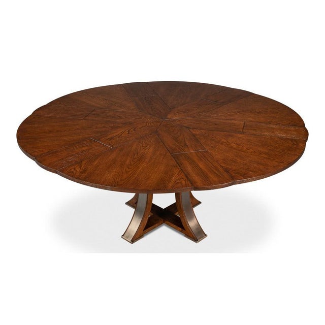 Industrial Transitional Round Dining Table, Medium - Warm Brown Oak With Hammered Iron Accents For Sale - Image 3 of 11