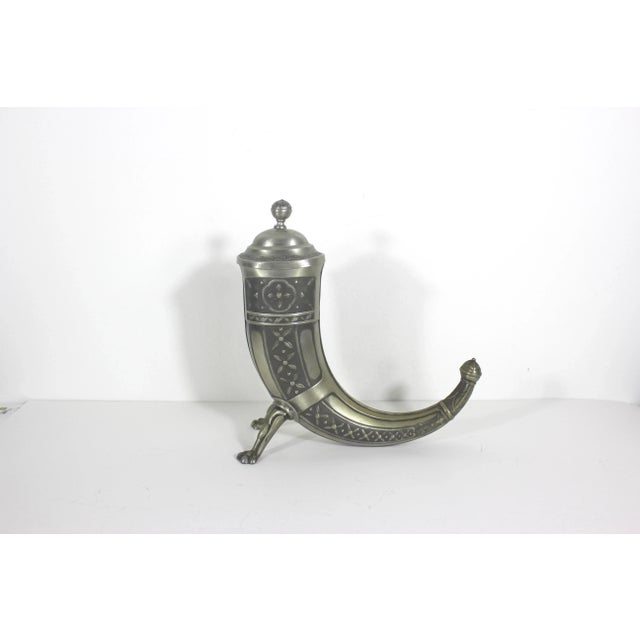1950s Large 1950’s Norwegian Viking Pewter Drinking Horn With Legs Feet Lid by Aksel Holmsen Norway For Sale - Image 5 of 11