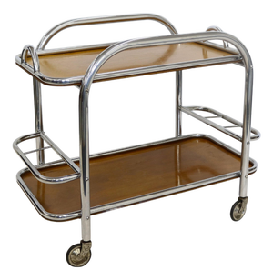 1930s Art Deco Bar Cart Nickel and Wood, Robert Mallet-Stevens