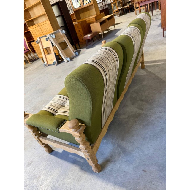 Mid-Century Modern Vintage Danish Oak Sofa in Style of Henning Kjærnulf Green Striped Upholstery Mid Century For Sale - Image 3 of 10