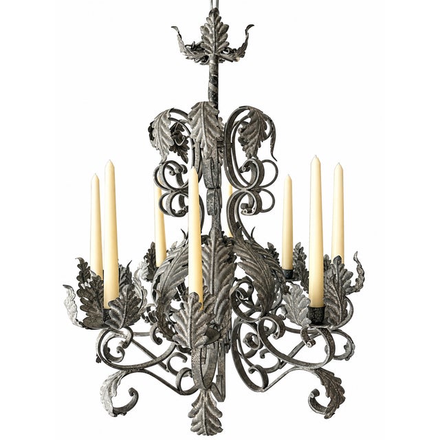 French Provincial Vintage Patina Wrought Iron Tole Leaf 8 Candle Chandelier 30" Heavy French Style For Sale - Image 3 of 13