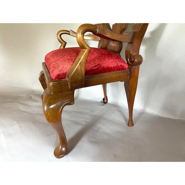 Queen Anne Early 20c Queen Anne Red Velvet Mahogany Chair - 1 Pc For Sale - Image 3 of 9