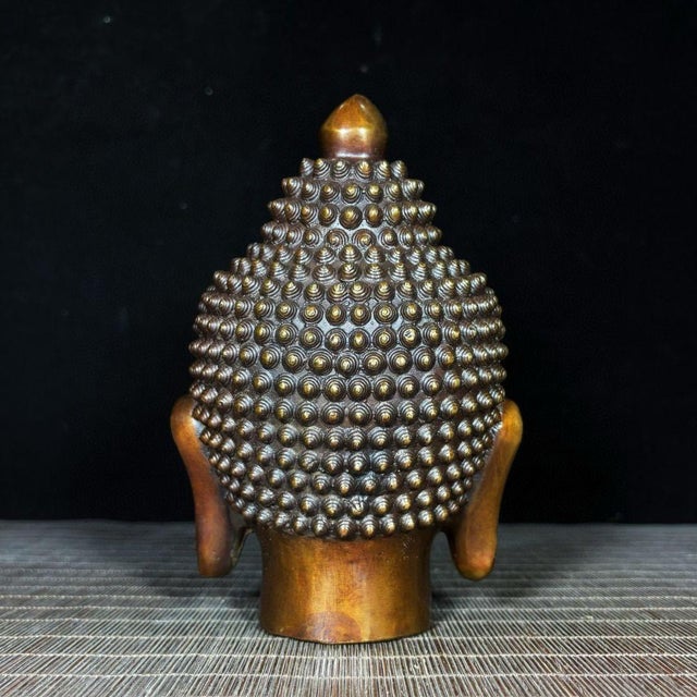 Brass Solid Brass Shakyamuni Buddha Head Statue, Buddhist Religious Decor For Sale - Image 8 of 9