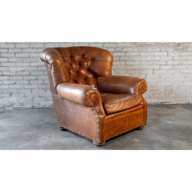 Mitchell Gold Restoration Hardware Churchill Cigar Leather Luxe Writer's Chair and Ottoman For Sale - Image 4 of 18