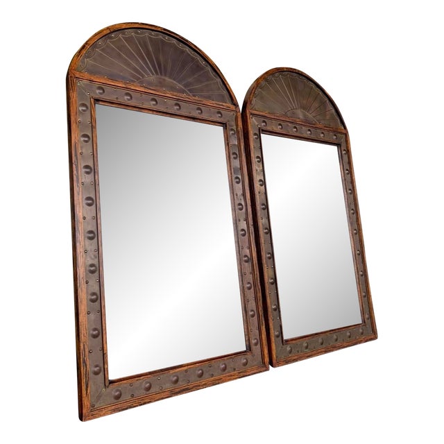 Sarreid Rustic Brass & Wood Arched Mirror Pair For Sale