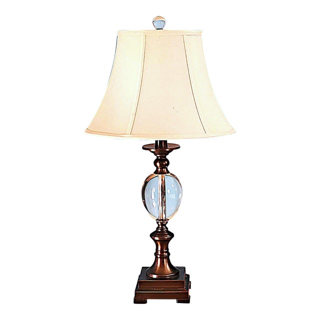 Crystal Ball Urn Lamp With Copper Finish & White Bell Shade – 30” Transitional Accent Lamp For Sale
