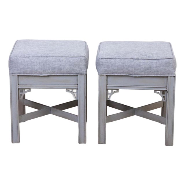 Pair of Painted Upholstered Chinese Chippendale Benches For Sale