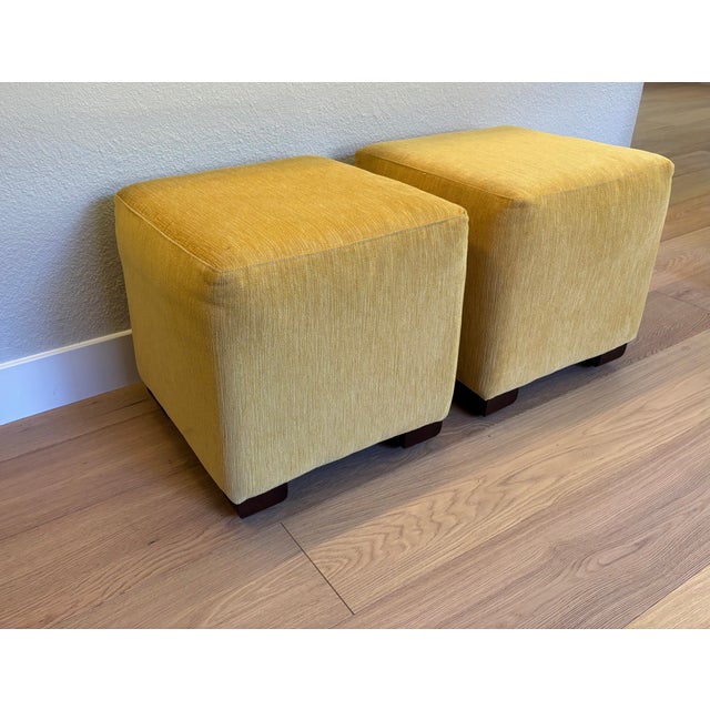 Contemporary Custom Made Mustard Color Chenille Ottomans- A Set of 2 For Sale - Image 3 of 6