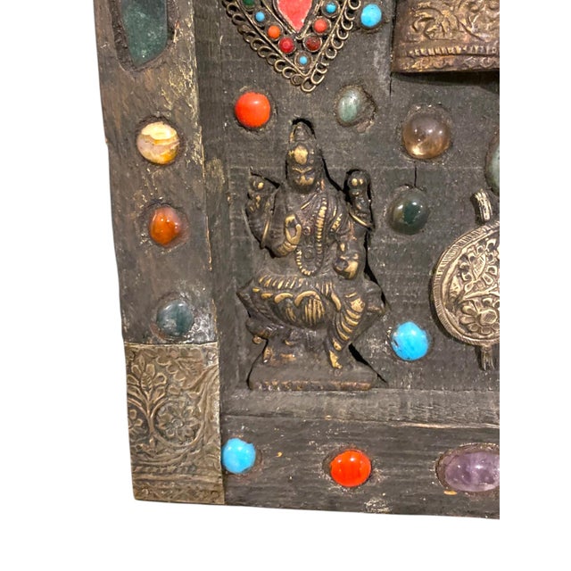Antique Nepalese Durga Hindu Shrine Brass Wood Stone Inlaid Wall Plaque C1900 For Sale - Image 9 of 16