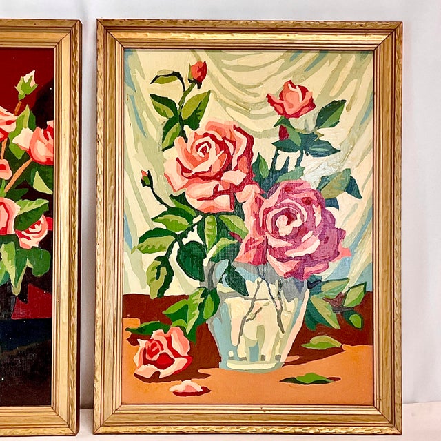 Wood 1960s Mid-Century Boho Chic Still Life Roses, Oil Painting - A Pair For Sale - Image 7 of 10