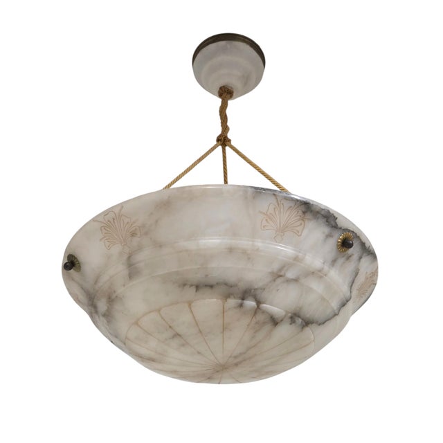 Metal Early 20th Century Hand Carved French White+ Grey Alabaster W/Carved Detail, Alabaster Canopy +Cord For Sale - Image 7 of 16
