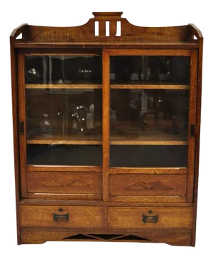 Antique Mission Oak Arts & Crafts Small Sliding Door Bookcase Curio With Drawers