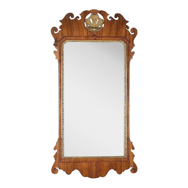 George II Period Walnut and Parcel Gilt Mirror With Carved and Gilt Shell Crest For Sale