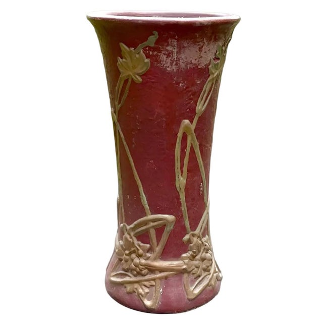 Mexican 1900s Large Peters & Reed Moss Aztec Red and Gold Glazed Ceramic Umbrella Stand, Signed For Sale - Image 3 of 7