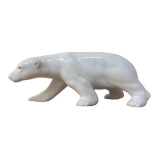 Mid-Century Danish-Style Glazed Porcelain Walking Polar Bear Small Sculpture For Sale