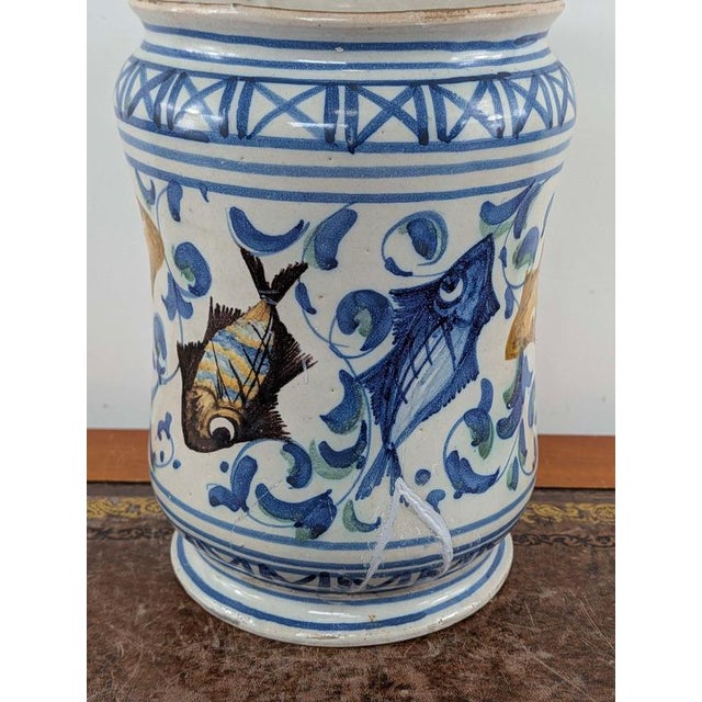 Blue 18th Century Sicilian Caltagirone Tin-Glazed Albarello with Fish Decoration For Sale - Image 8 of 13