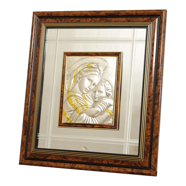 Vintage Italian Madonna and Child Sterling Silver Art, Framed For Sale