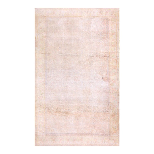 1930s Ivory Plaid Solid Antique Cotton Agra Rug 4' X 6'8" Handknotted Wool Carpet For Sale