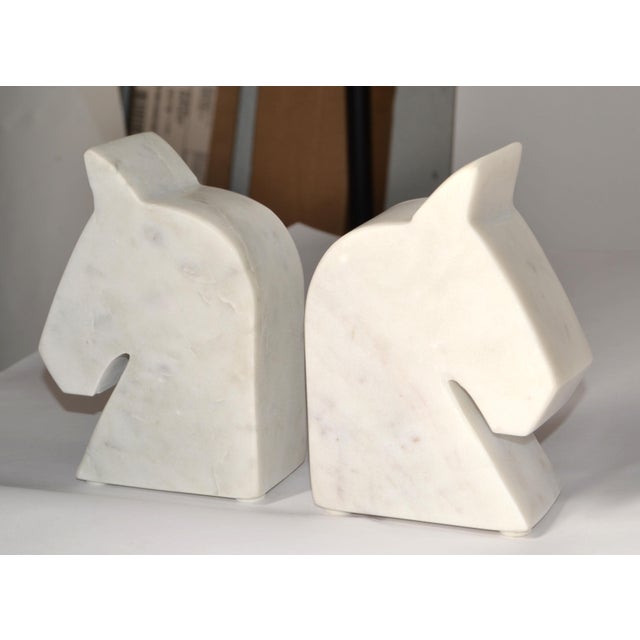 White Set of 2 Italian White Carrara Marble Horse Head Shaped Animal Bookends For Sale - Image 8 of 12