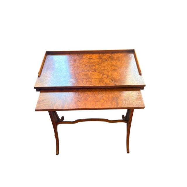 1990s Set of 2 Vintage Edwardian-Style Burl Walnut Nesting Tables For Sale - Image 5 of 12
