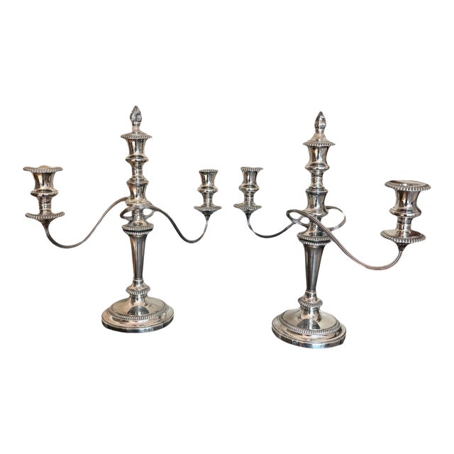 Barker-Ellis Silver Co. Made in England Silverplate Pair 3-Arm Candelabras For Sale