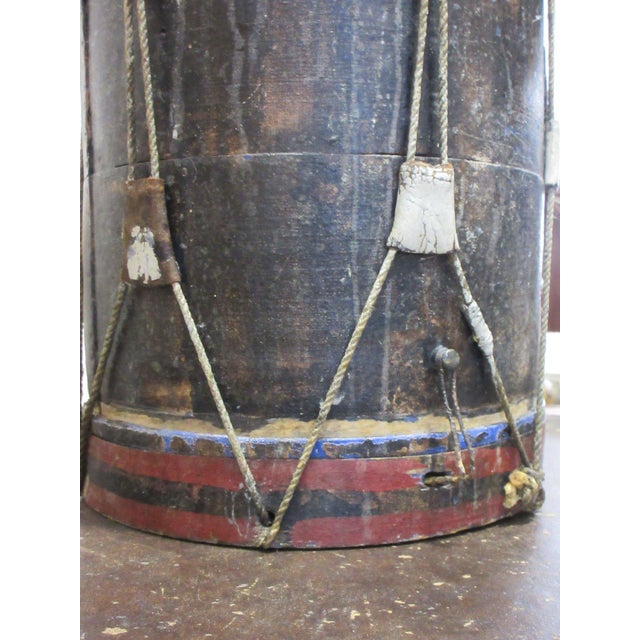 Antique Civil War Era Painted Wood Drum With Rope Tension and Leather Ears For Sale - Image 4 of 6