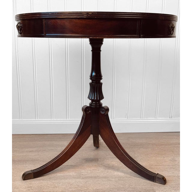 Vintage Traditional Mahogany Round Drum Table W/ Lions Head Pulls For Sale - Image 11 of 13