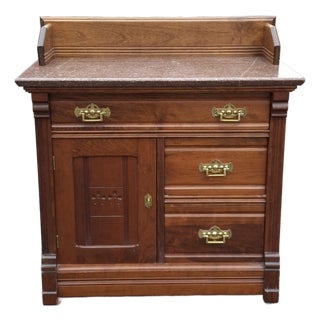 Early 20th Century Victorian Renaissance Revival Style Mahogany and Marble Top Side Cabinet For Sale