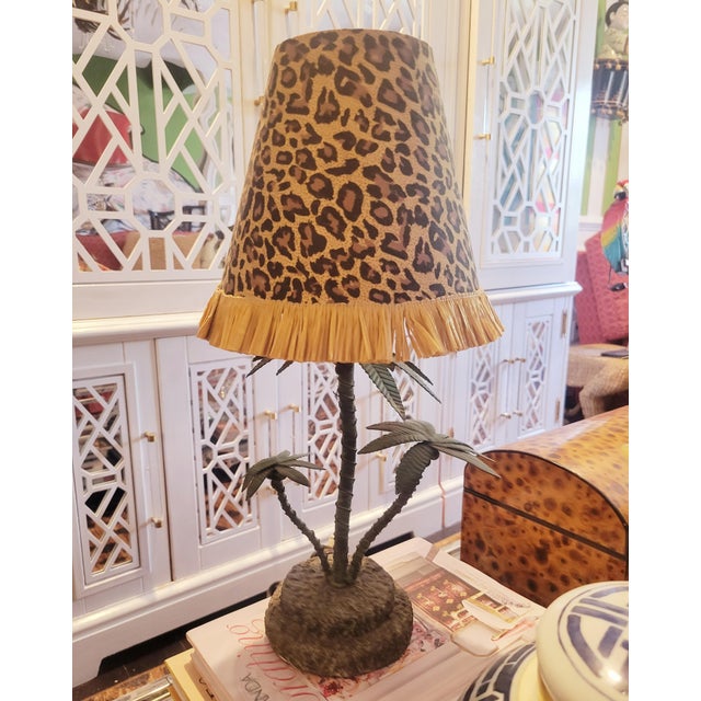 Frederick Cooper Vintage Palm Tree Small Table Lamp With Custom Leopard Fringe Shade For Sale - Image 4 of 6
