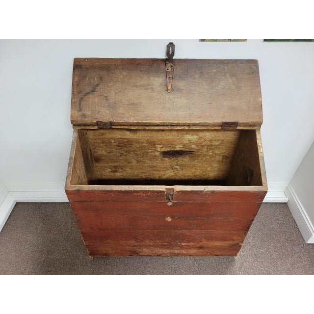 Brick Red Antique, Primitive, Wooden, Grain, Wood Bin Early 1900's, Hinged Top With Latch for Lock For Sale - Image 8 of 12