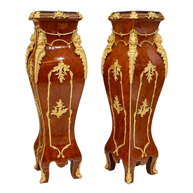 Rococo-Inspired Pedestal Columns Set of 2 – Ornate Bronze, Gold Leaf & Decorative Marble Tops For Sale
