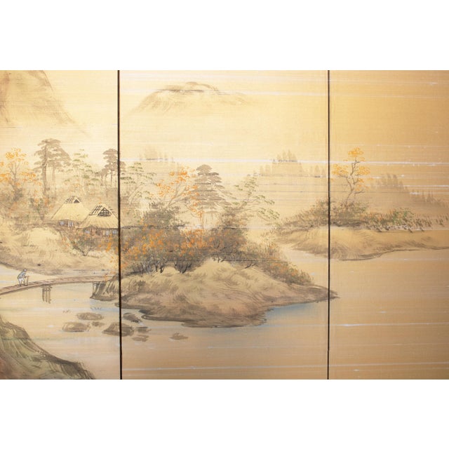 1960s Shōwa Era Japanese Byobu Screen, "Mountain Landscape With River and Bridge" For Sale - Image 11 of 18