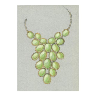 1970s Hand Drawn Paris Jewelry Design – Green Cabochon Cluster Necklace - Unknown Artist For Sale