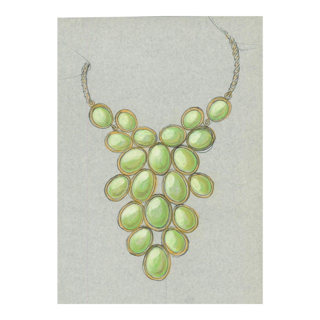 1970s Hand Drawn Paris Jewelry Design – Green Cabochon Cluster Necklace - Unknown Artist For Sale