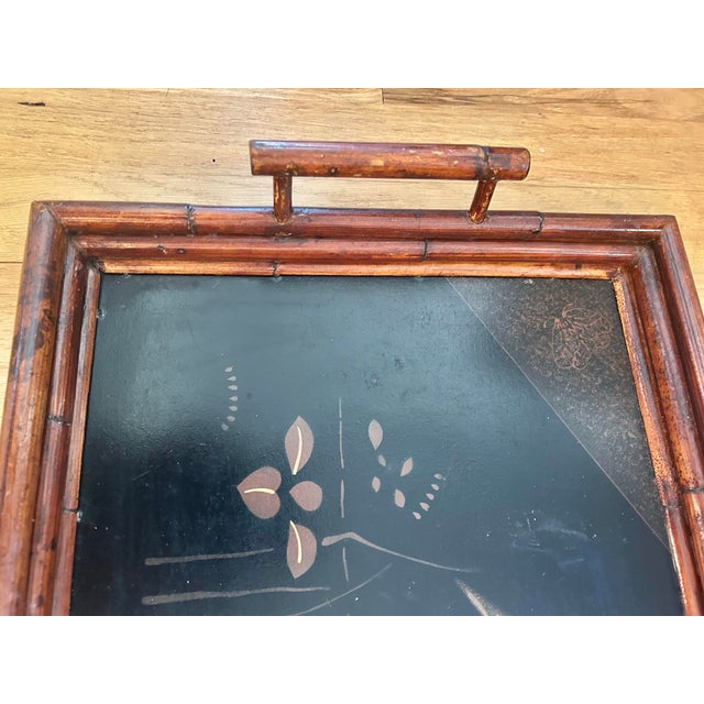Vintage “Art De Chine” Bamboo and Black Lacquer Tray Attributed to Palecek For Sale - Image 9 of 12