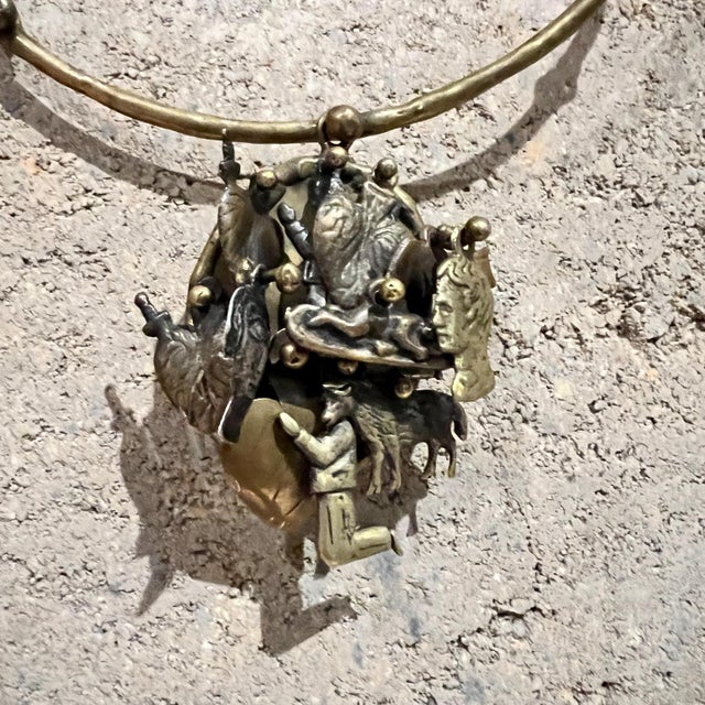 Brutalist 1970s Pal Kepenyes Brutalist Brass Necklace Milagros Series For Sale - Image 3 of 11