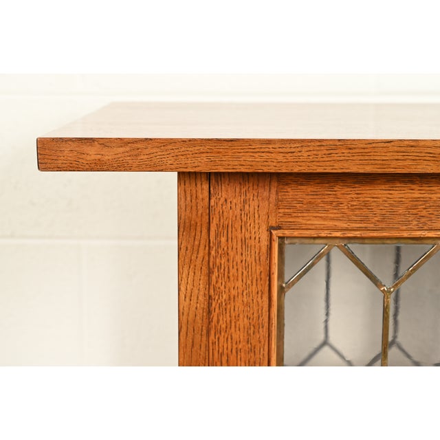 Stickley Roycroft Mission Oak Arts & Crafts Chafing Dish Stand or Side Cabinet With Leaded Glass For Sale - Image 9 of 15