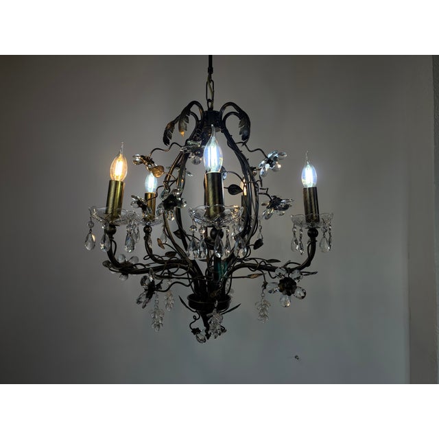 Large Vintage 1990s Wrought Iron Floral Chandelier With Crystal Flowers & Grape Details For Sale - Image 6 of 18