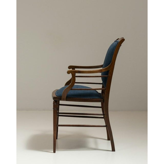 19th Century English Dark Wood Armchair With Navy Upholstery, Sunburst Inlay and Turned Legs For Sale - Image 13 of 16