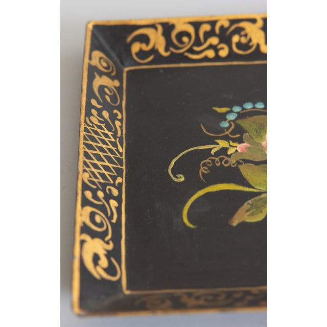 1950s Vintage French Black Hand Painted Floral Gilt Tole Tray For Sale - Image 5 of 7
