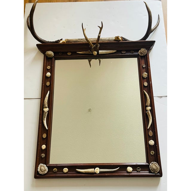 1940s Gorgeous Black Forest Antique Mirror With Antlers and Birrows For Sale - Image 5 of 7